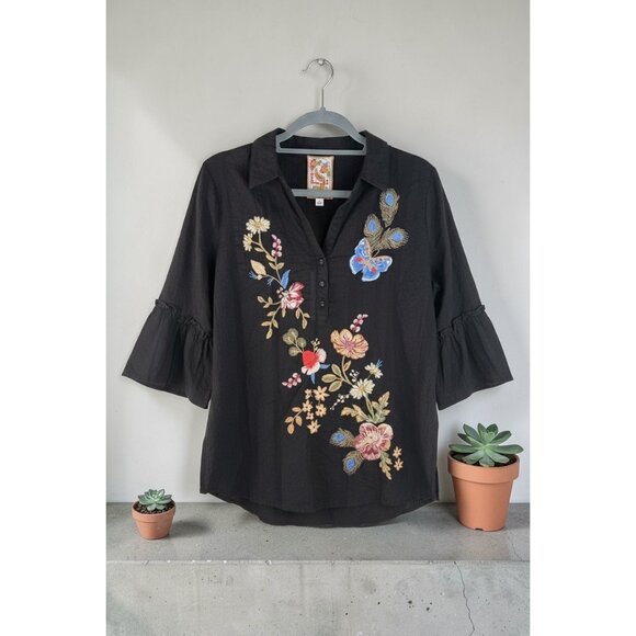 Johnny Was Ruffle Sleeve Henley Silk Tunic Embroidered Black Florrie Size S $255 - Picture 3 of 9
